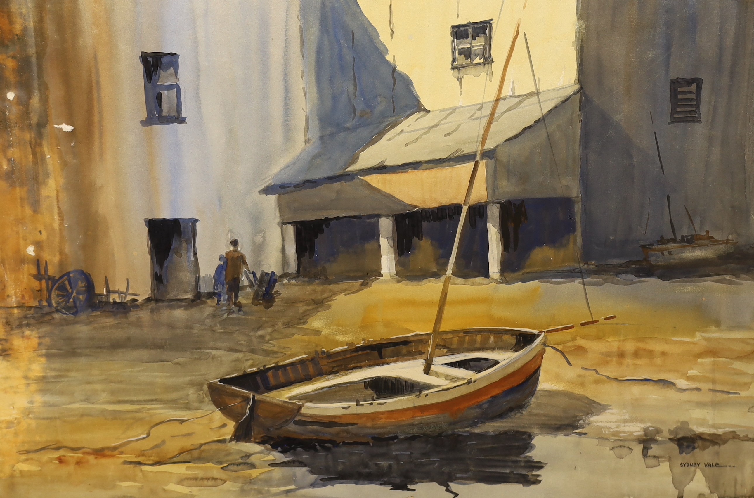 Sydney Vale (b.1916) Wapping Group, two watercolours, Fishing boat at low tide and Harbour scene, one signed, 54 x 76cm, unframed (damp damage)